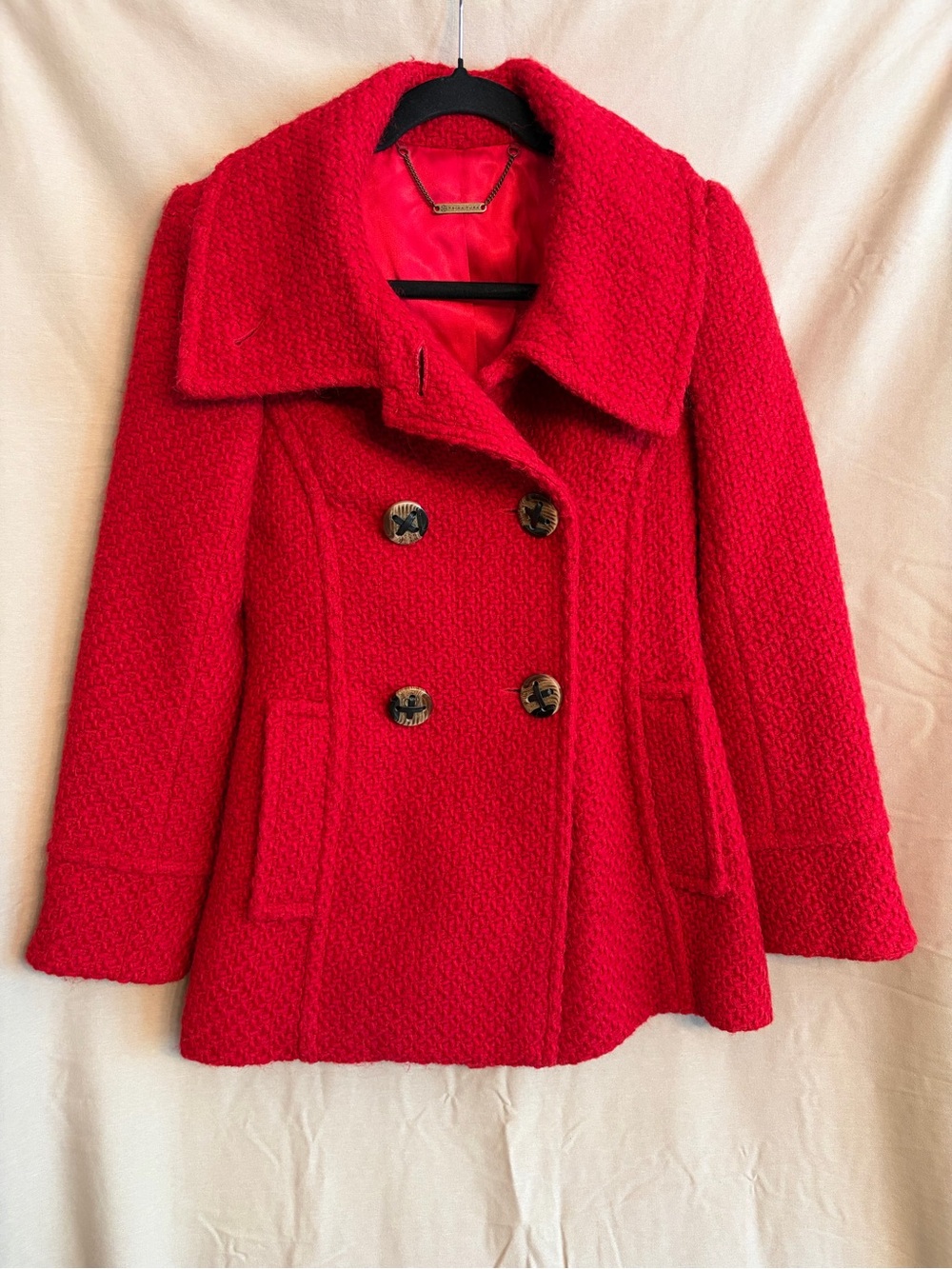 Trina Turk Vibrant Red Double-Breasted Textured Boucle Wool/Alpaca Blend Peacoat